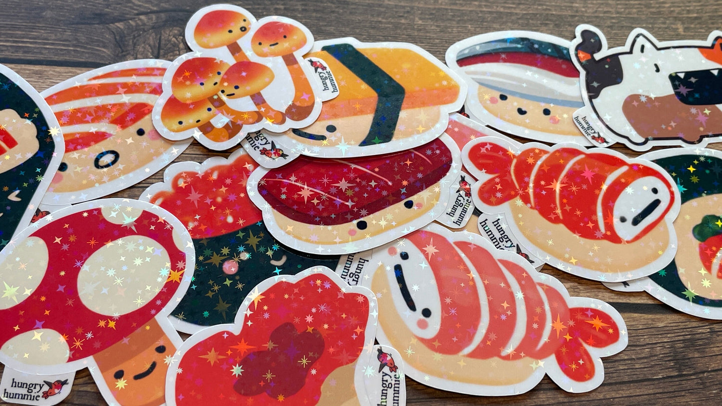 Ikura Salmon Roe Nigiri | Holographic Sushi Sticker Set of 1 Big & 1 Mini Stickers | Holo Stars | Sparkle Cute Kawaii Sadface Deco Food