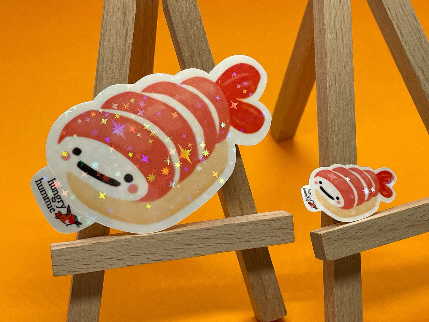 Ebi Blushing Nigiri | Holographic Sushi Sticker Set of 1 Big, 1 Mini Stickers | Holo Stars | Sparkle Cute Kawaii Sadface Food | Prawn Shrimp