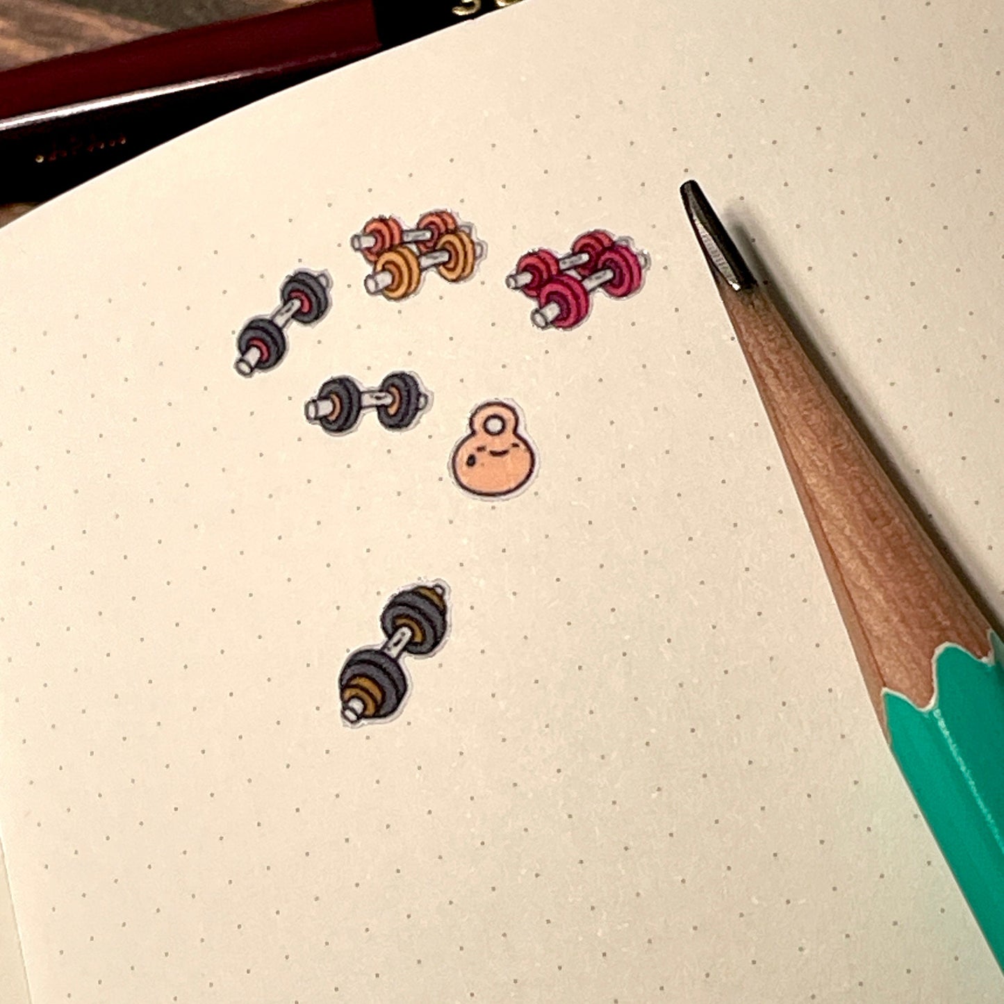 009 Weights Workout Planner Sticker Sheet : tiny kettlebell exercise stickers! Mini barbell dumbbell rainbow icons Bullet Journals, Trackers