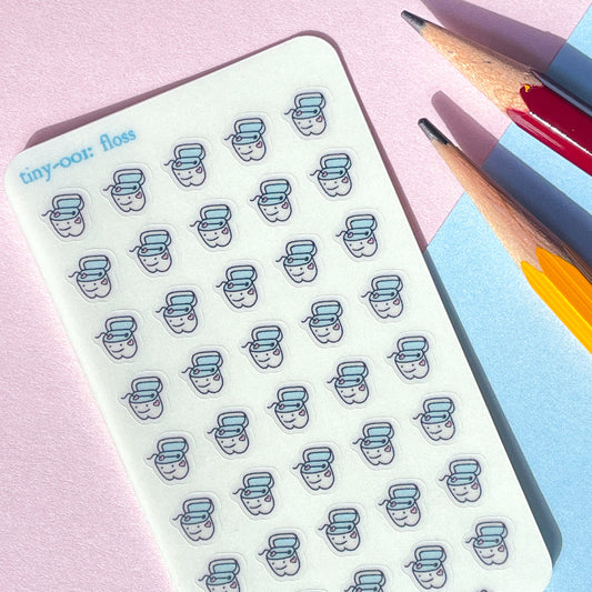 001 Floss Mini Planner Sticker Sheet | Tiny Dental Hygiene Stickers | Oral Health Small Miniature Seals BuJo Bullet Journal Tracking Dentist
