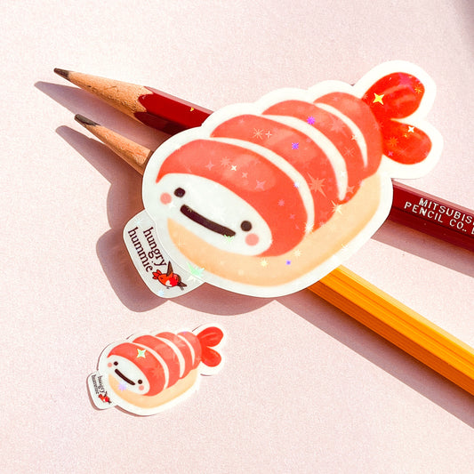 Ebi Blushing Nigiri | Holographic Sushi Sticker Set of 1 Big, 1 Mini Stickers | Holo Stars | Sparkle Cute Kawaii Sadface Food | Prawn Shrimp
