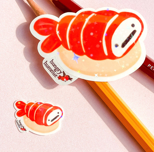 Ebi GRUMPY Nigiri | Holographic Sushi Sticker Set of 1 Big, 1 Mini Stickers | Holo Stars | Sparkle Cute Kawaii Sadface Food | Prawn Shrimp