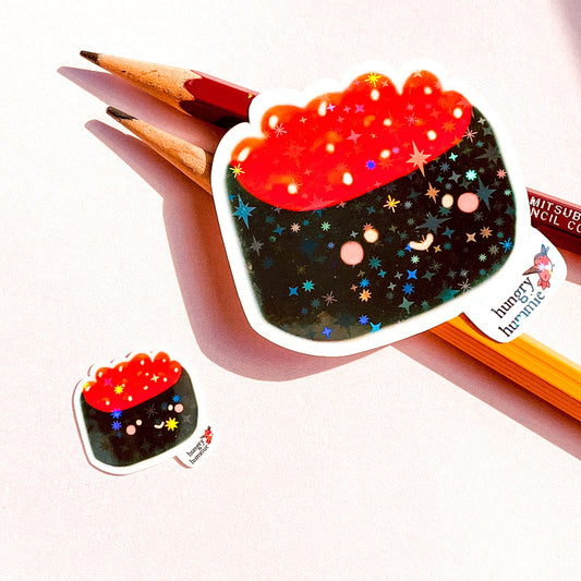 Ikura Salmon Roe Nigiri | Holographic Sushi Sticker Set of 1 Big & 1 Mini Stickers | Holo Stars | Sparkle Cute Kawaii Sadface Deco Food