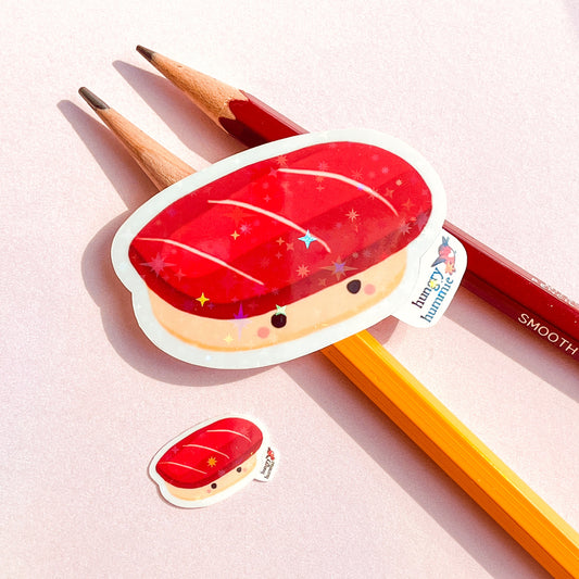 Maguro Sushi Sticker | Holographic Tuna Nigiri Set of 1 Big & 1 Mini Stickers | Foodie Gifts | Sparkly Cute Kawaii Food Sadface Bento Box