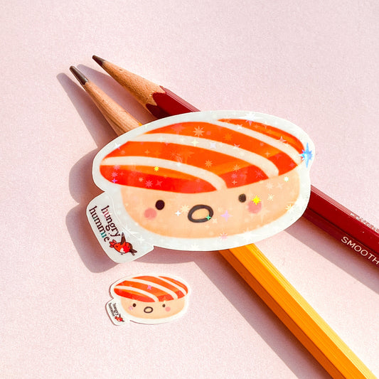 Sake Salmon Nigiri | Holographic Sushi Sticker Set of 1 Big & 1 Mini Stickers | Holo Stars | Sparkle Cute Kawaii Sadface Deco Food