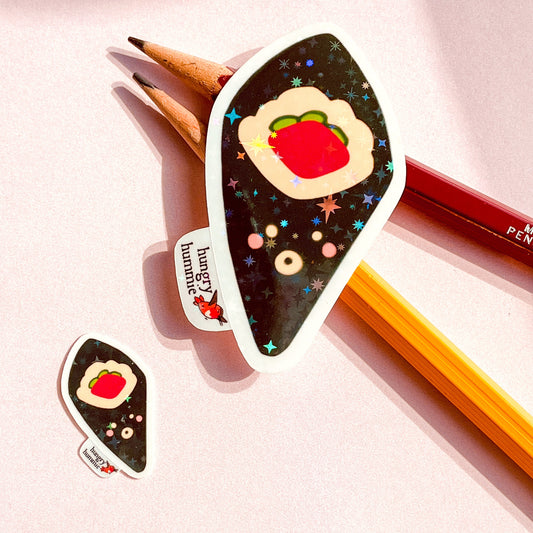 Surprised Tuna Temaki Hand Roll | Holographic Sushi Sticker Set of 1 Big, 1 Mini Stickers | Holo Stars | Sparkle Cute Kawaii Food | Maguro