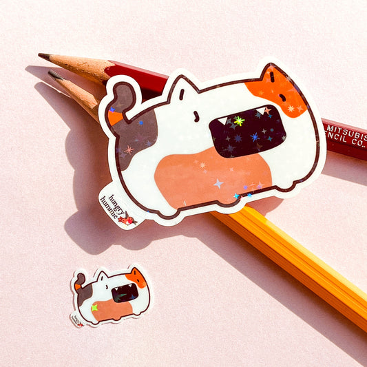 Chonky Chai | Holographic Cat Sticker Set of 1 Big, 1 Mini Stickers | Holo Stars | Grouchy Grumpy Kitty Cats | Sparkle Cute Kawaii Shiny