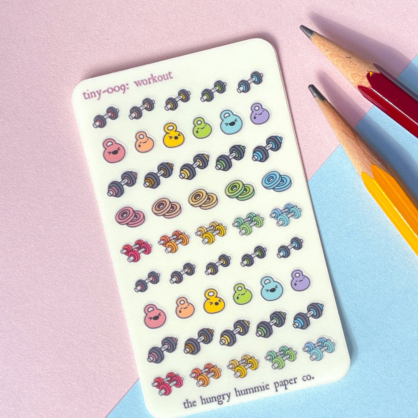 009 Weights Workout Planner Sticker Sheet : tiny kettlebell exercise stickers! Mini barbell dumbbell rainbow icons Bullet Journals, Trackers