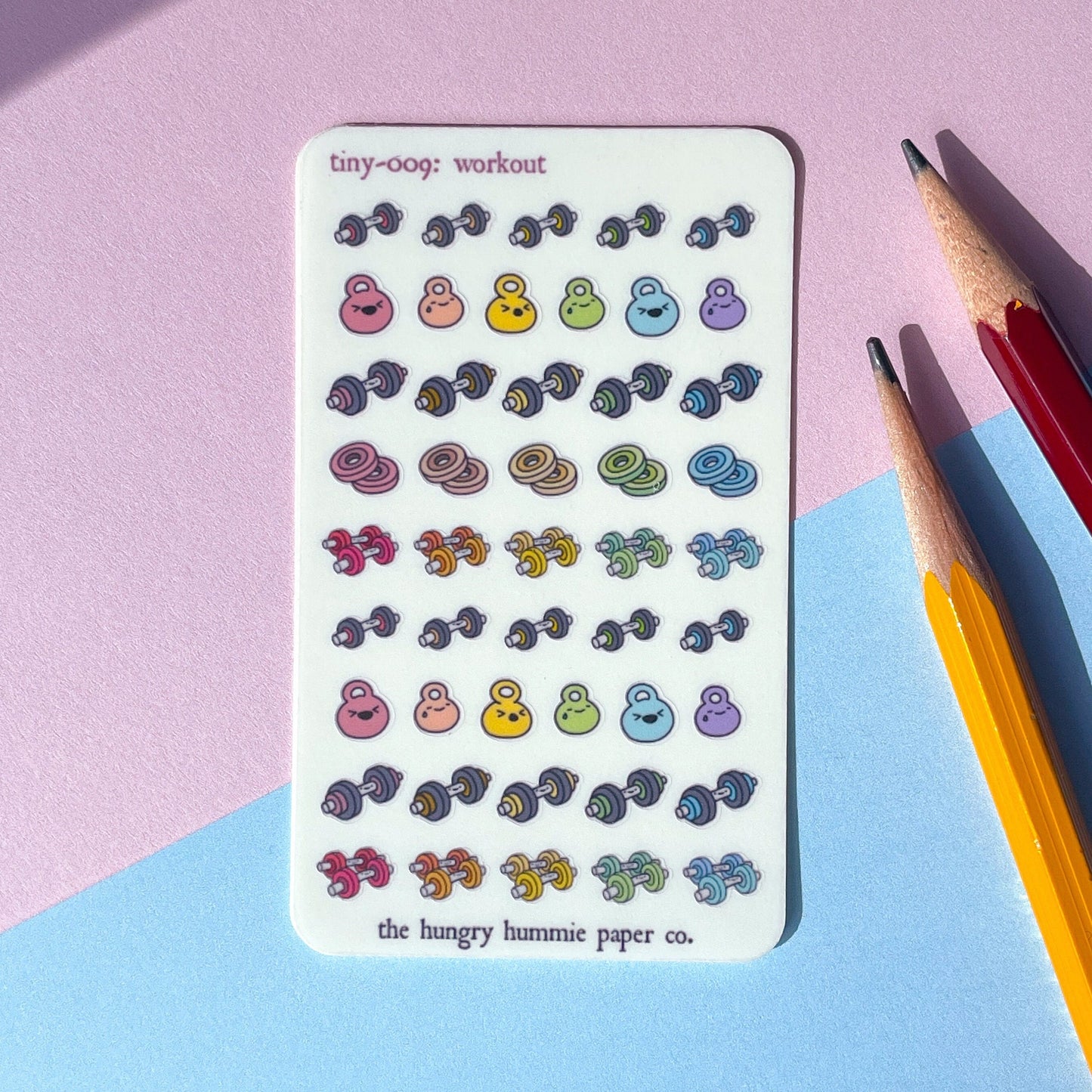 009 Weights Workout Planner Sticker Sheet : tiny kettlebell exercise stickers! Mini barbell dumbbell rainbow icons Bullet Journals, Trackers