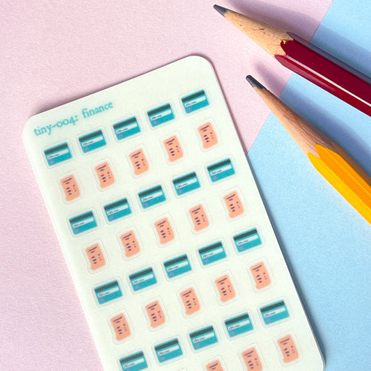 004 Finance | Mini Planner Sticker Sheet | Bills Receipts Debit Credit Stickers BuJo | Small Miniature Tracker Seals | Bullet Journal Icons