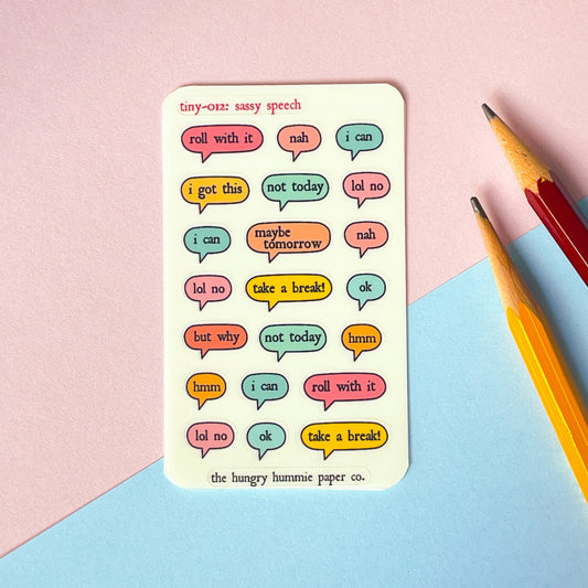 012 Sassy Speech Mini Planner Sticker Sheet : tiny self-care motivational sayings for your bullet journal, diary or schedule