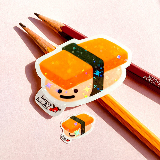 Tamago Sushi Sticker | Holographic Egg Nigiri Set of 1 Big & 1 Mini Stickers | Funny Foodie Gift | Sparkly Cute Kawaii Food Sadface Deco