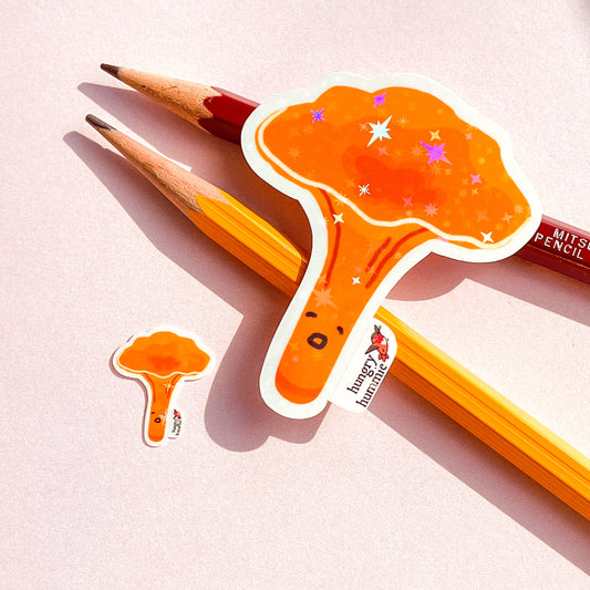 Golden Chanterelle Mushroom Sticker | Holographic Set of 1 Big & 1 Mini Shiny Stickers  | Mycology Fungi Biologist Gifts Ecology Nature