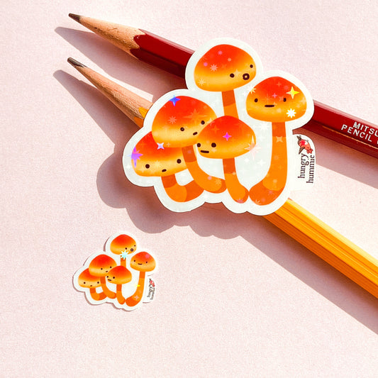 Honey Mushroom Cluster Sticker | Holographic Set of 1 Big & 1 Mini Stickers | Stars | Mycology Fungi Biologist Gifts Ecology Nature