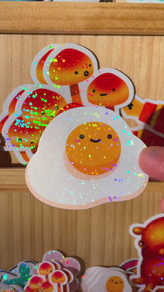 Fried Egg Stickers! One large and one mini holographic glitter sticker. The best egg stickers ever!